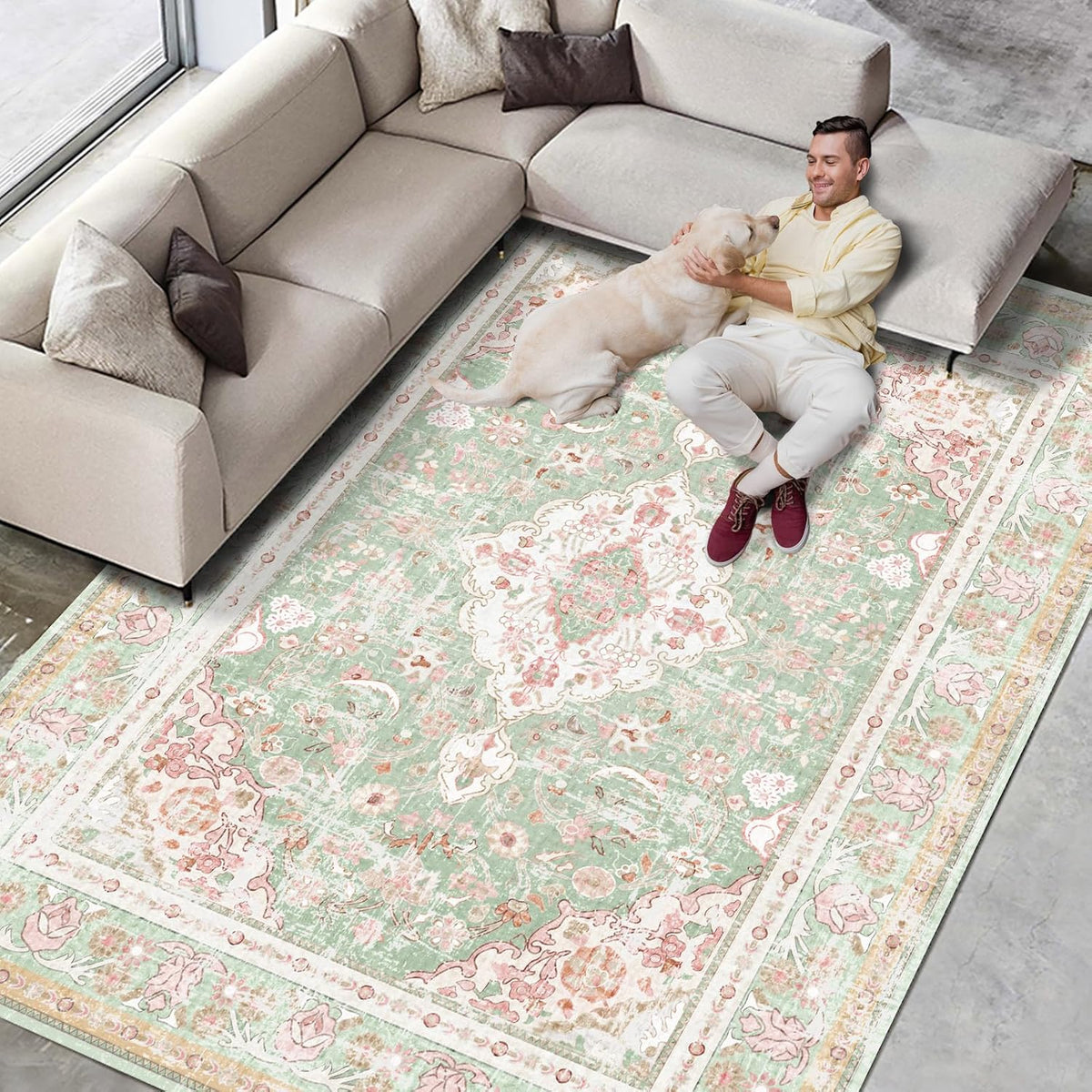 Washable Area Rugs Boho Vintage Modern Neutral Large Carpet Green and Pink High Traffic Rugs 5×7 for Dinning Room Living Room Bedroom Farmhouse Non Slip