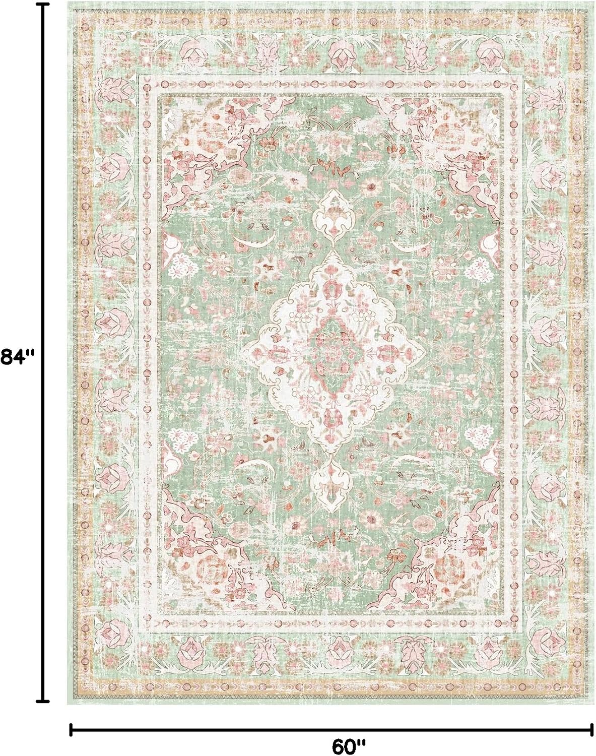 Washable Area Rugs Boho Vintage Modern Neutral Large Carpet Green and Pink High Traffic Rugs 5×7 for Dinning Room Living Room Bedroom Farmhouse Non Slip