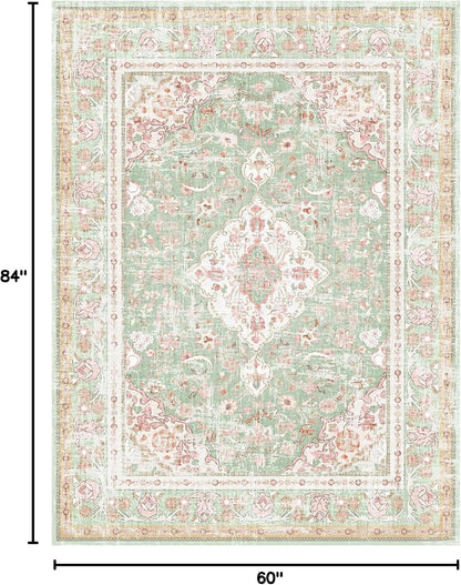 Washable Area Rugs Boho Vintage Modern Neutral Large Carpet Green and Pink High Traffic Rugs 5×7 for Dinning Room Living Room Bedroom Farmhouse Non Slip