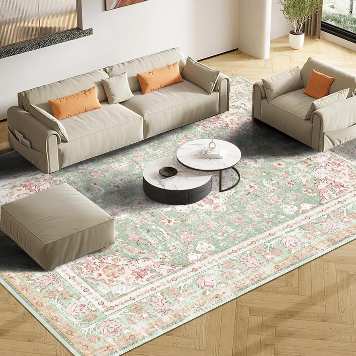 Washable Area Rugs Boho Vintage Modern Neutral Large Carpet Green and Pink High Traffic Rugs 5×7 for Dinning Room Living Room Bedroom Farmhouse Non Slip