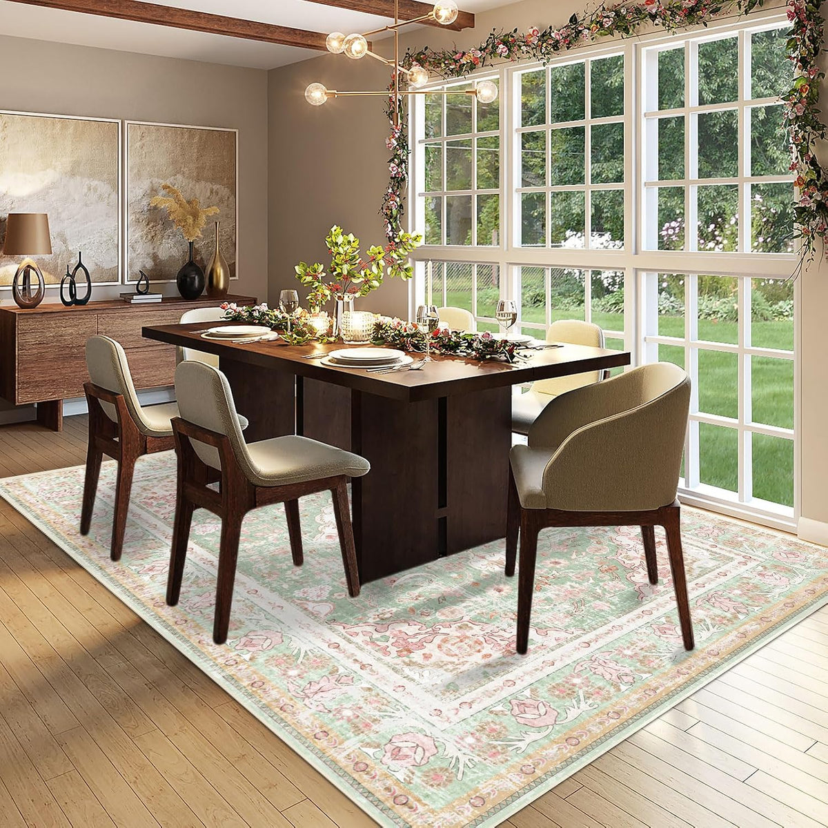Washable Area Rugs Boho Vintage Modern Neutral Large Carpet Green and Pink High Traffic Rugs 5×7 for Dinning Room Living Room Bedroom Farmhouse Non Slip
