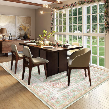 Washable Area Rugs Boho Vintage Modern Neutral Large Carpet Green and Pink High Traffic Rugs 5×7 for Dinning Room Living Room Bedroom Farmhouse Non Slip