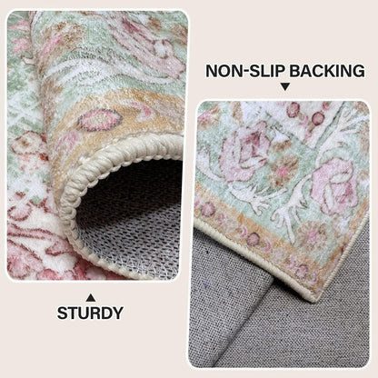 Washable Area Rugs Boho Vintage Modern Neutral Large Carpet Green and Pink High Traffic Rugs 5×7 for Dinning Room Living Room Bedroom Farmhouse Non Slip