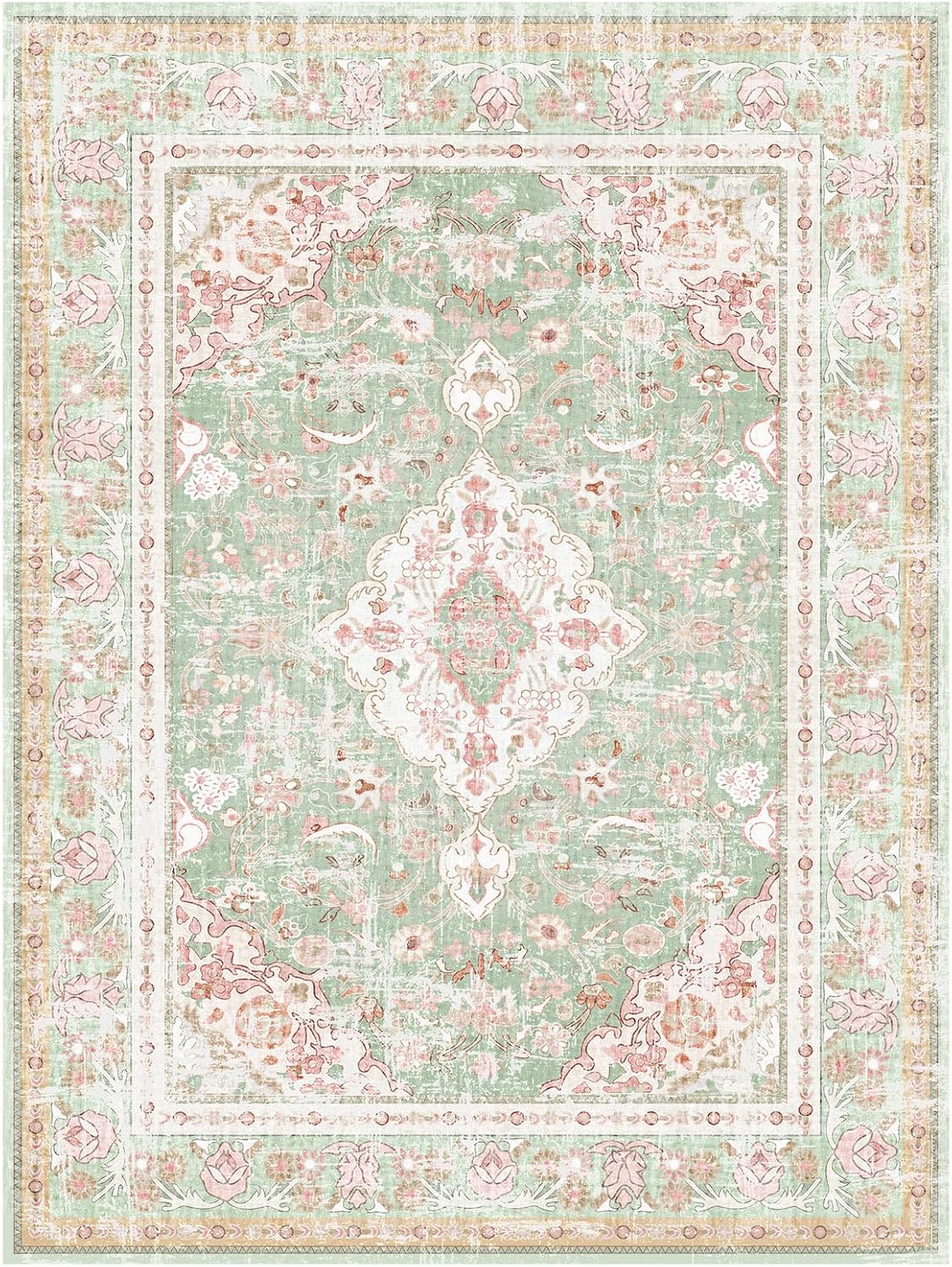 Washable Area Rugs Boho Vintage Modern Neutral Large Carpet Green and Pink High Traffic Rugs 5×7 for Dinning Room Living Room Bedroom Farmhouse Non Slip