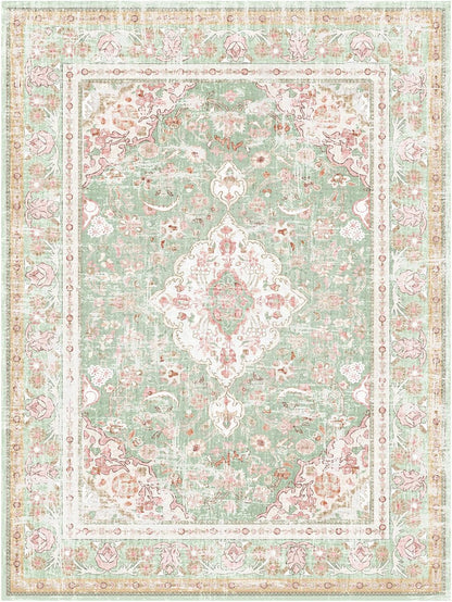 Washable Area Rugs Boho Vintage Modern Neutral Large Carpet Green and Pink High Traffic Rugs 5×7 for Dinning Room Living Room Bedroom Farmhouse Non Slip
