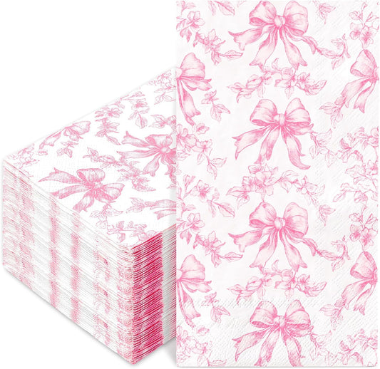 FYSUIMU 100Pcs Pink Floral Bow Guest Napkins Vintage Flower Bowknot Disposable Paper Napkins Dinner Hand Napkins for Coquette Party Supplies Table Decor
