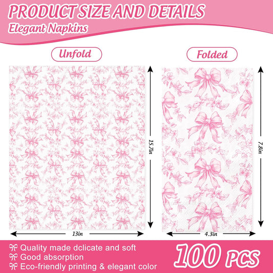 FYSUIMU 100Pcs Pink Floral Bow Guest Napkins Vintage Flower Bowknot Disposable Paper Napkins Dinner Hand Napkins for Coquette Party Supplies Table Decor