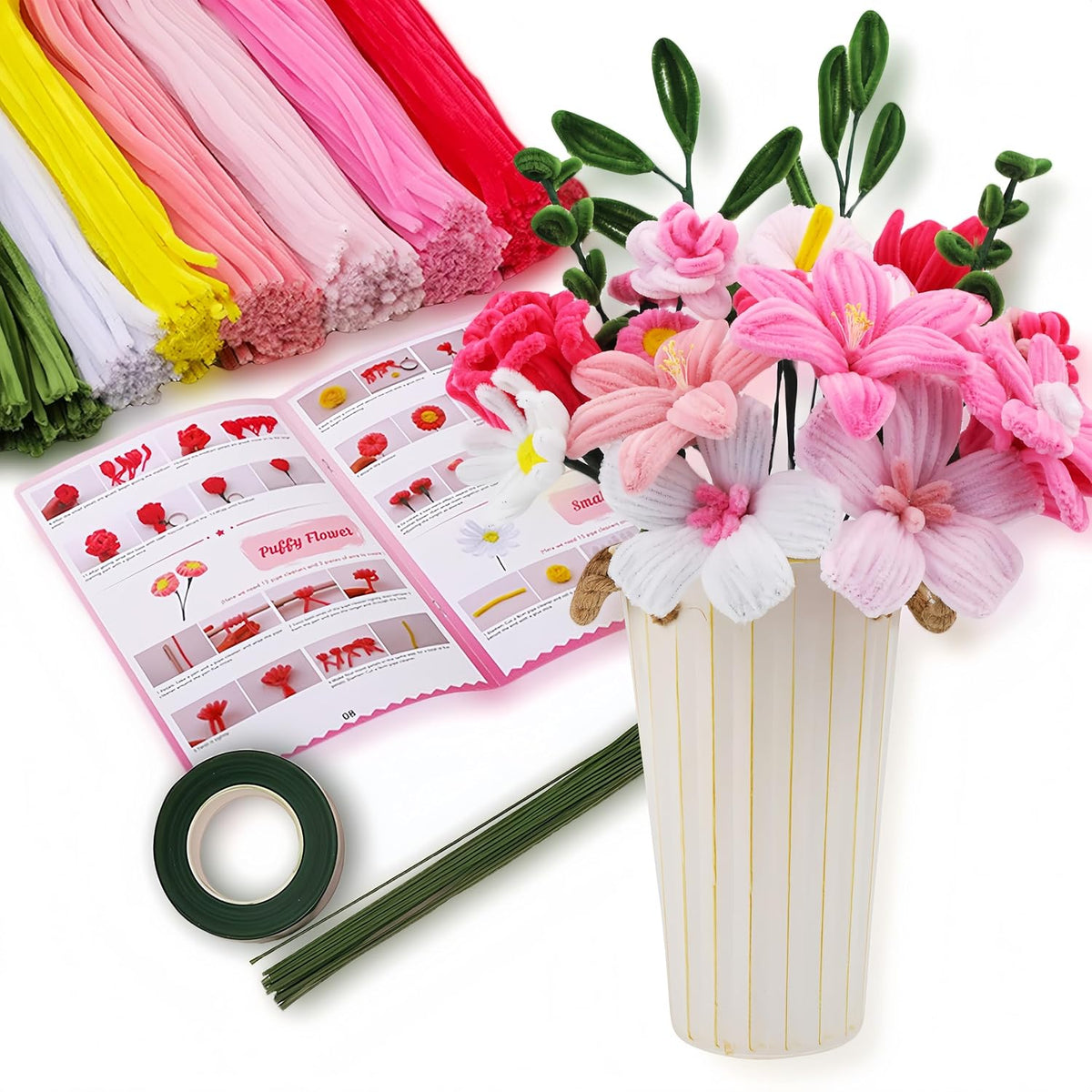 450Pcs Pipe Cleaners Pink Flower Bouquet Craft Kit, Assorted Pink Chenille Stems for DIY Art, Ideal for Party Decor, Home Accents & Handmade Gifts