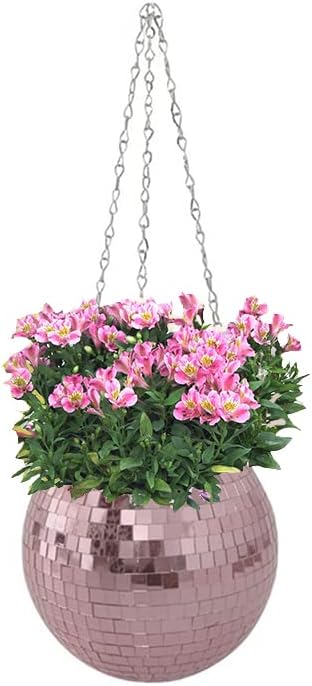Disco Ball Planter,Disco Ball Plant Hanger,Mirror Disco Planter with Chain and Macrame Hanger,Boho Disco Ball Hanging Planter for Indoor Outdoor Plants,Home Decor (4inch, Pink)