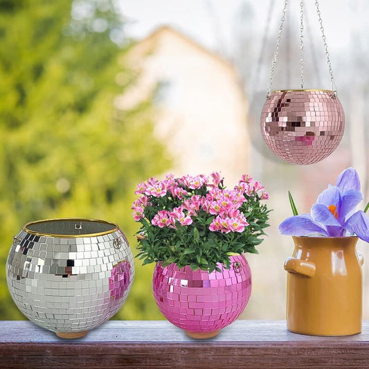 Disco Ball Planter,Disco Ball Plant Hanger,Mirror Disco Planter with Chain and Macrame Hanger,Boho Disco Ball Hanging Planter for Indoor Outdoor Plants,Home Decor (4inch, Pink)