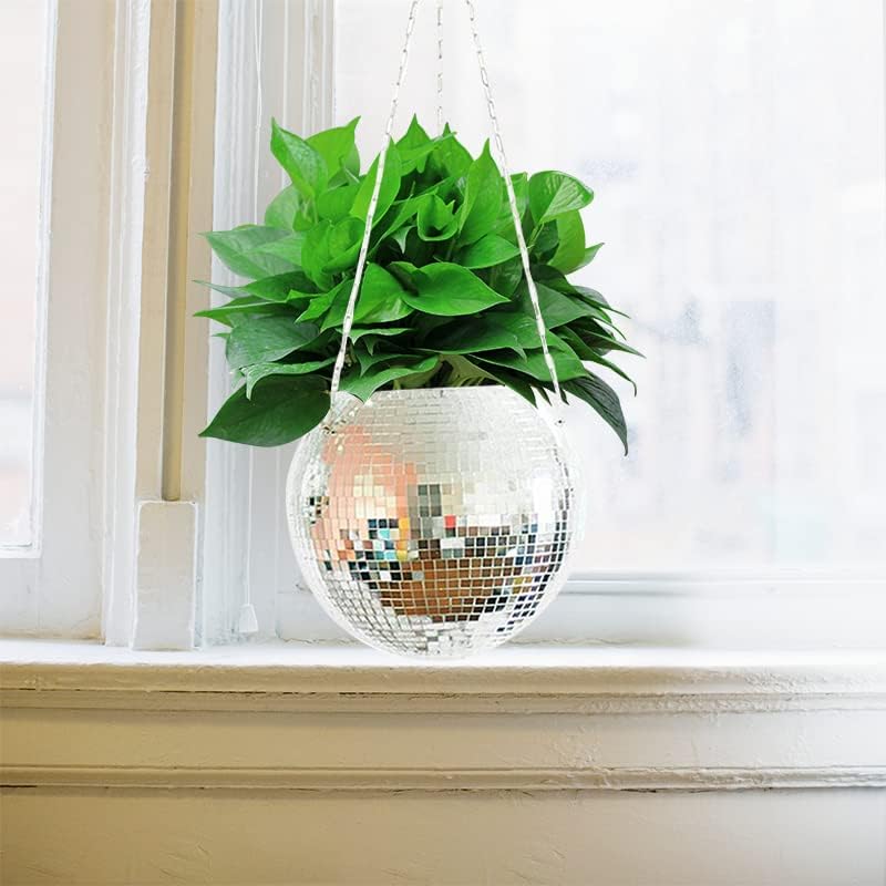 Disco Ball Planter,Disco Ball Plant Hanger,Mirror Disco Planter with Chain and Macrame Hanger,Boho Disco Ball Hanging Planter for Indoor Outdoor Plants,Home Decor (4inch, Pink)