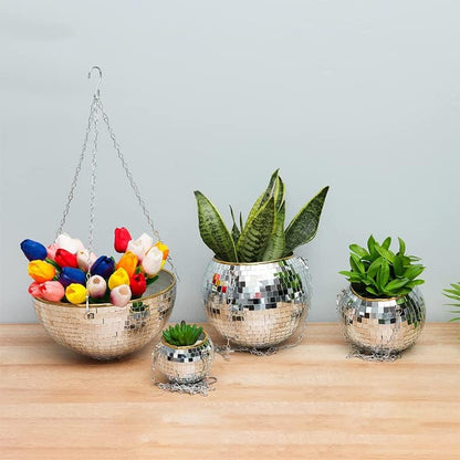 Disco Ball Planter,Disco Ball Plant Hanger,Mirror Disco Planter with Chain and Macrame Hanger,Boho Disco Ball Hanging Planter for Indoor Outdoor Plants,Home Decor (4inch, Pink)