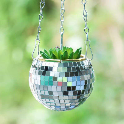 Disco Ball Planter,Disco Ball Plant Hanger,Mirror Disco Planter with Chain and Macrame Hanger,Boho Disco Ball Hanging Planter for Indoor Outdoor Plants,Home Decor (4inch, Pink)
