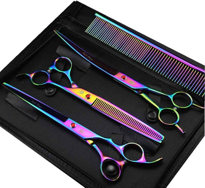 Purple Dragon 8.0" Titanium Multicolor Professional Pet Grooming Scissors Set,Straight & Thinning & Curved Scissors Shear with Bag for Dog Cat Grooming