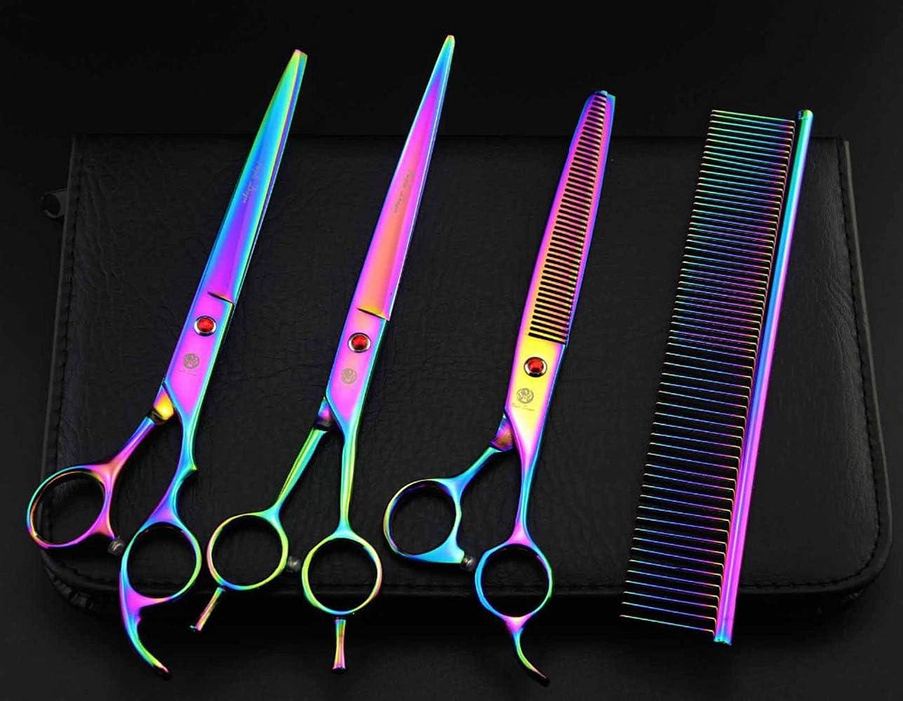 Purple Dragon 8.0" Titanium Multicolor Professional Pet Grooming Scissors Set,Straight & Thinning & Curved Scissors Shear with Bag for Dog Cat Grooming
