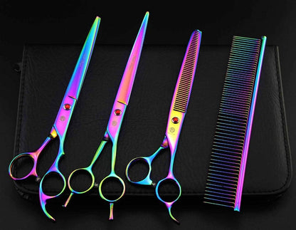 Purple Dragon 8.0" Titanium Multicolor Professional Pet Grooming Scissors Set,Straight & Thinning & Curved Scissors Shear with Bag for Dog Cat Grooming