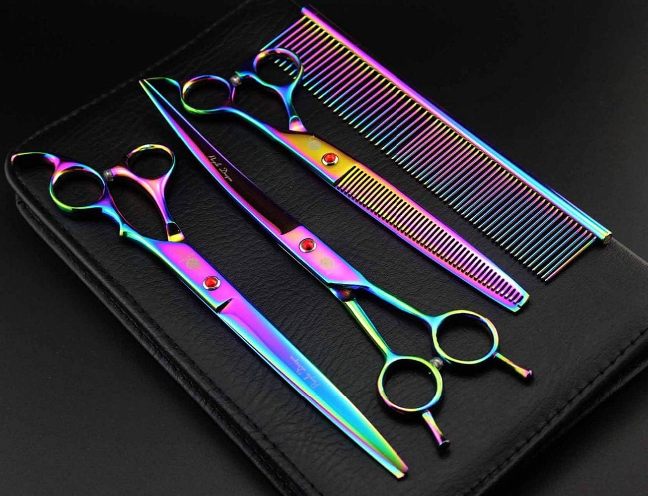 Purple Dragon 8.0" Titanium Multicolor Professional Pet Grooming Scissors Set,Straight & Thinning & Curved Scissors Shear with Bag for Dog Cat Grooming