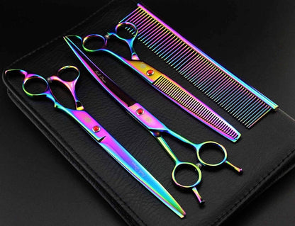 Purple Dragon 8.0" Titanium Multicolor Professional Pet Grooming Scissors Set,Straight & Thinning & Curved Scissors Shear with Bag for Dog Cat Grooming