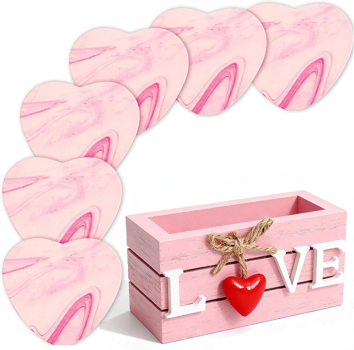 Heart Wooden Cup Coasters Set of 6, Cute Pink Drink Coaster with Holder for Home Table Office Desk, Birthday Gift Ideas for Wife and Girlfriends, Kawaii Pink Living Room Decor for Daughter