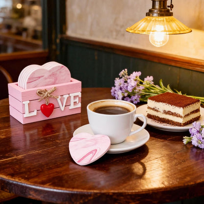 Heart Wooden Cup Coasters Set of 6, Cute Pink Drink Coaster with Holder for Home Table Office Desk, Birthday Gift Ideas for Wife and Girlfriends, Kawaii Pink Living Room Decor for Daughter