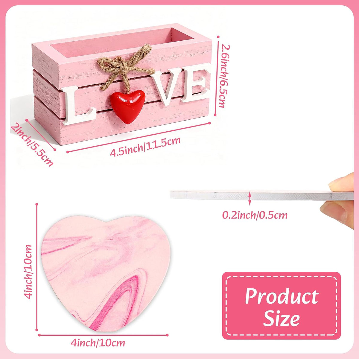 Heart Wooden Cup Coasters Set of 6, Cute Pink Drink Coaster with Holder for Home Table Office Desk, Birthday Gift Ideas for Wife and Girlfriends, Kawaii Pink Living Room Decor for Daughter