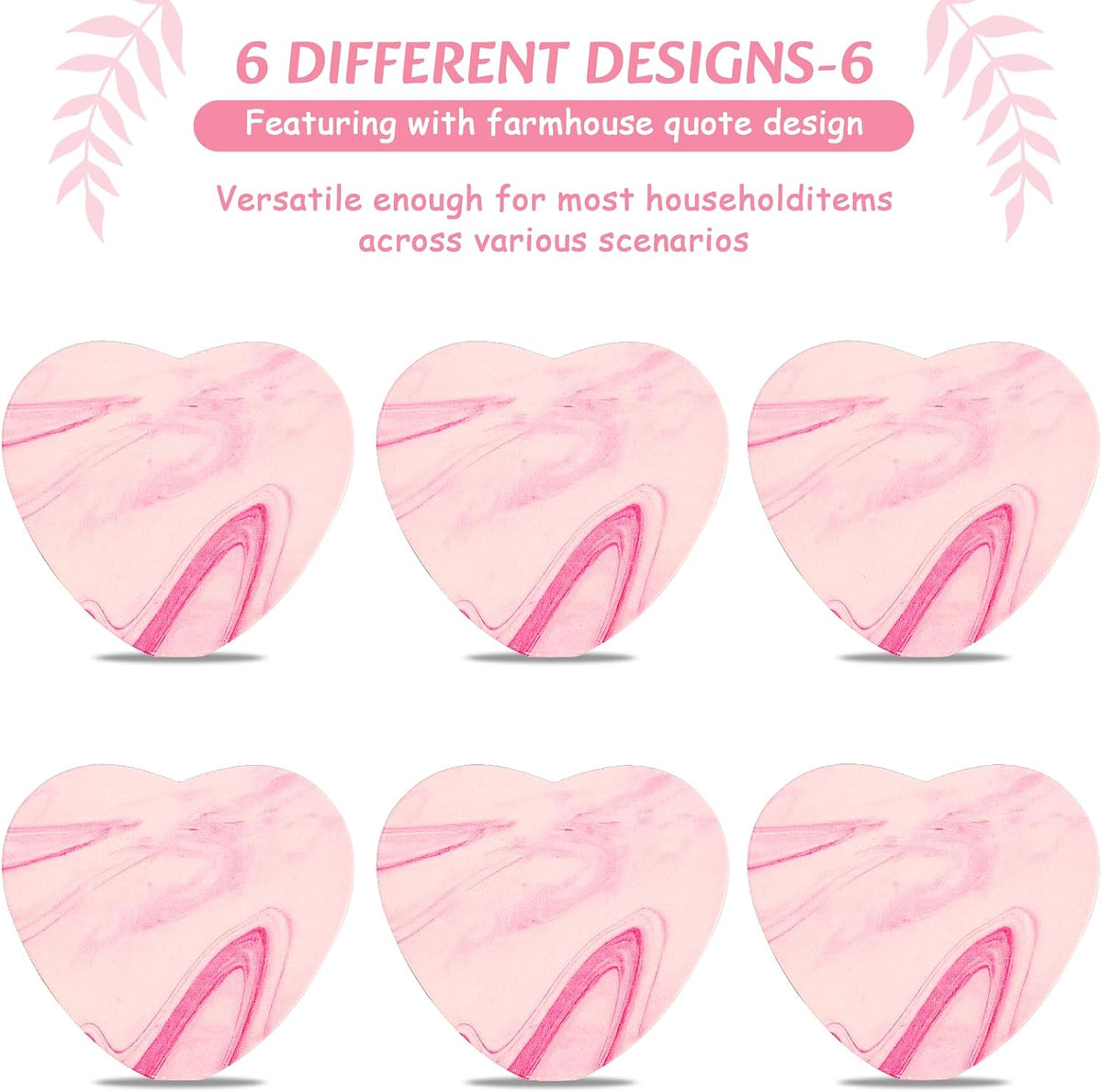 Heart Wooden Cup Coasters Set of 6, Cute Pink Drink Coaster with Holder for Home Table Office Desk, Birthday Gift Ideas for Wife and Girlfriends, Kawaii Pink Living Room Decor for Daughter