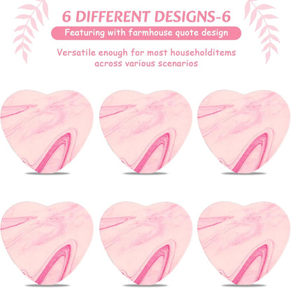 Heart Wooden Cup Coasters Set of 6, Cute Pink Drink Coaster with Holder for Home Table Office Desk, Birthday Gift Ideas for Wife and Girlfriends, Kawaii Pink Living Room Decor for Daughter