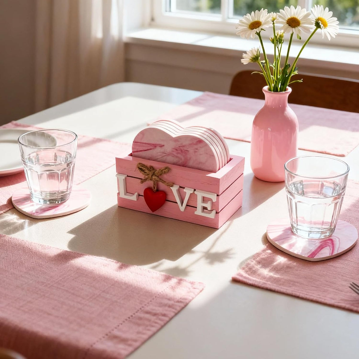 Heart Wooden Cup Coasters Set of 6, Cute Pink Drink Coaster with Holder for Home Table Office Desk, Birthday Gift Ideas for Wife and Girlfriends, Kawaii Pink Living Room Decor for Daughter