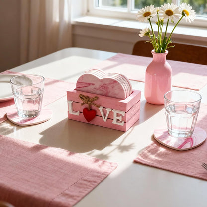 Heart Wooden Cup Coasters Set of 6, Cute Pink Drink Coaster with Holder for Home Table Office Desk, Birthday Gift Ideas for Wife and Girlfriends, Kawaii Pink Living Room Decor for Daughter