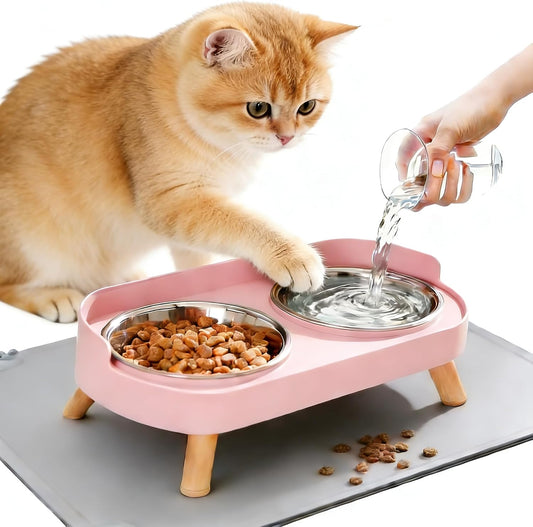 Elevated Cat Bowls with Food Mat, Splash Proof Anti Vomiting Raised Cat Food and Water Bowl Set, 2 Stainless Steel Dishes for Cats and Puppy, Pet Bowl for Indoor Cats Pink