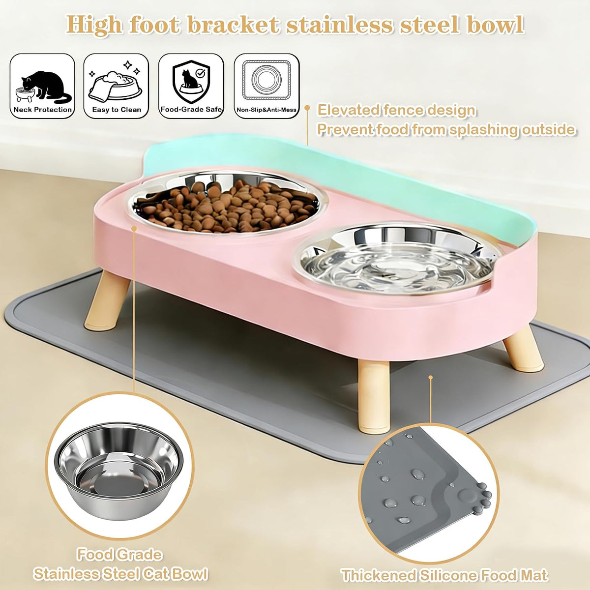 Elevated Cat Bowls with Food Mat, Splash Proof Anti Vomiting Raised Cat Food and Water Bowl Set, 2 Stainless Steel Dishes for Cats and Puppy, Pet Bowl for Indoor Cats Pink