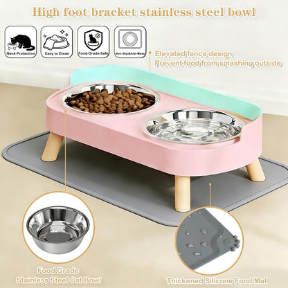 Elevated Cat Bowls with Food Mat, Splash Proof Anti Vomiting Raised Cat Food and Water Bowl Set, 2 Stainless Steel Dishes for Cats and Puppy, Pet Bowl for Indoor Cats Pink