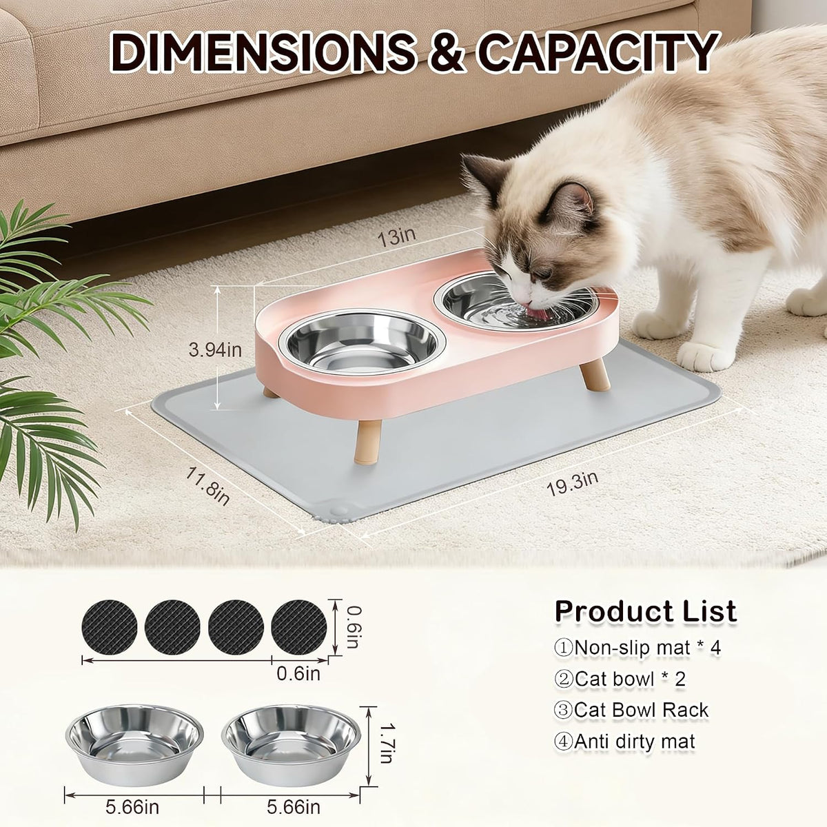 Elevated Cat Bowls with Food Mat, Splash Proof Anti Vomiting Raised Cat Food and Water Bowl Set, 2 Stainless Steel Dishes for Cats and Puppy, Pet Bowl for Indoor Cats Pink