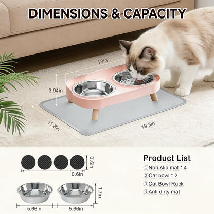 Elevated Cat Bowls with Food Mat, Splash Proof Anti Vomiting Raised Cat Food and Water Bowl Set, 2 Stainless Steel Dishes for Cats and Puppy, Pet Bowl for Indoor Cats Pink