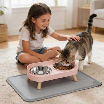 Elevated Cat Bowls with Food Mat, Splash Proof Anti Vomiting Raised Cat Food and Water Bowl Set, 2 Stainless Steel Dishes for Cats and Puppy, Pet Bowl for Indoor Cats Pink