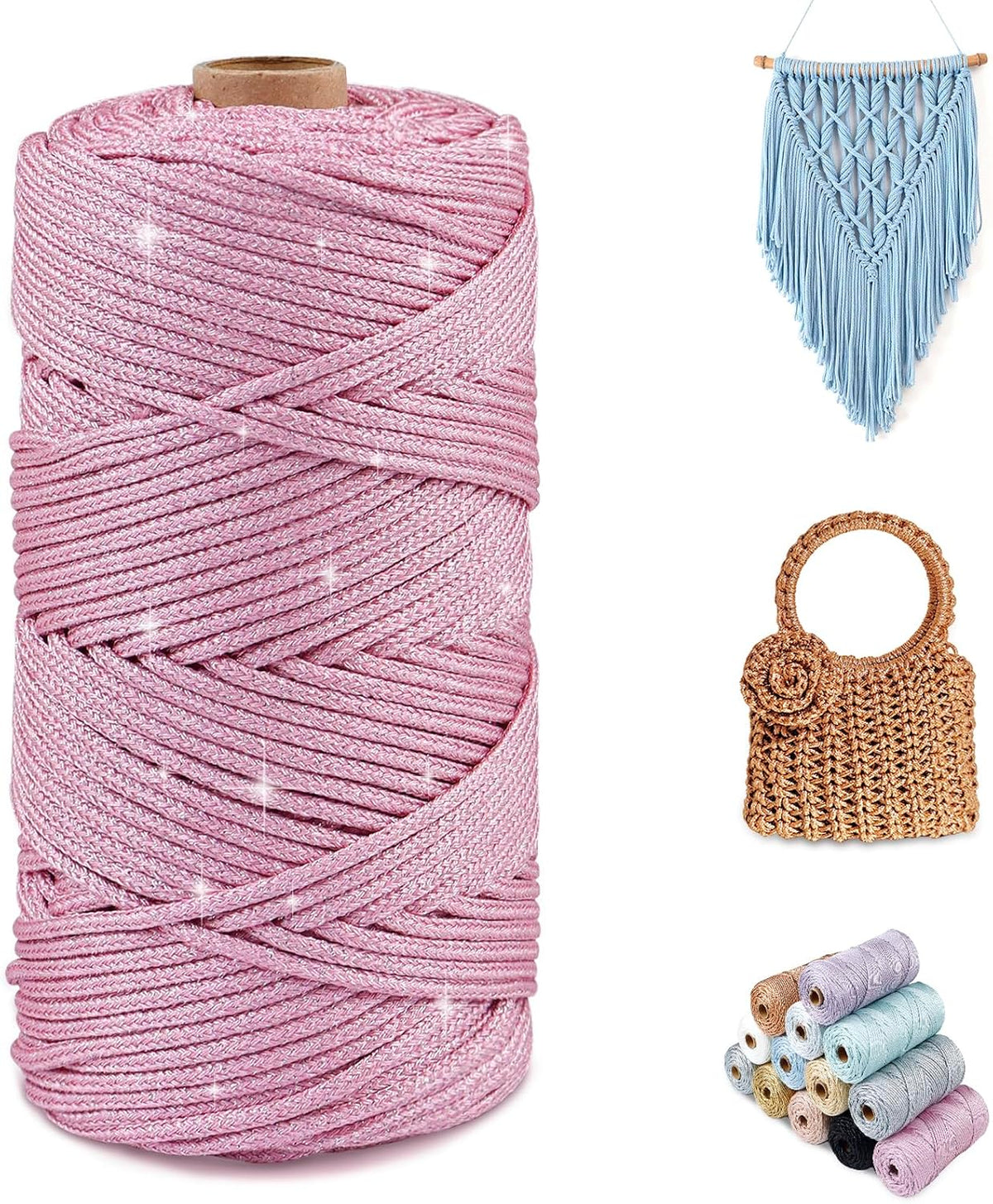 Sparkle Yarn for Crocheting, 3mm x 109 Yards Metallic Sparkly Yarn for Crafts, Polyester Rope 2mm Braided Macrame Cord for Crochet Bags, Dolls, Blankets, DIY Decor (Pink Silver)