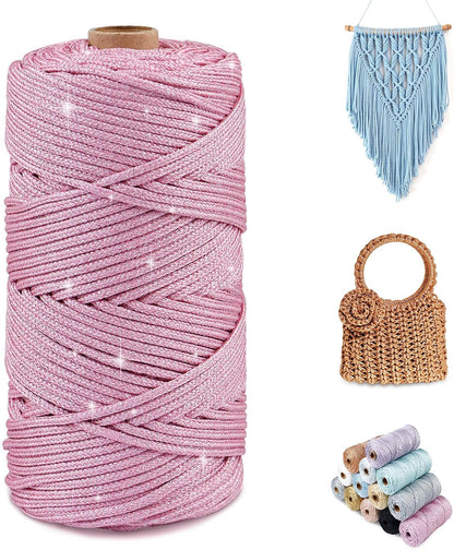 Sparkle Yarn for Crocheting, 3mm x 109 Yards Metallic Sparkly Yarn for Crafts, Polyester Rope 2mm Braided Macrame Cord for Crochet Bags, Dolls, Blankets, DIY Decor (Pink Silver)