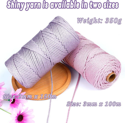 Sparkle Yarn for Crocheting, 3mm x 109 Yards Metallic Sparkly Yarn for Crafts, Polyester Rope 2mm Braided Macrame Cord for Crochet Bags, Dolls, Blankets, DIY Decor (Pink Silver)