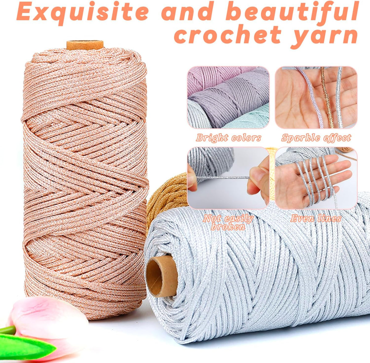 Sparkle Yarn for Crocheting, 3mm x 109 Yards Metallic Sparkly Yarn for Crafts, Polyester Rope 2mm Braided Macrame Cord for Crochet Bags, Dolls, Blankets, DIY Decor (Pink Silver)