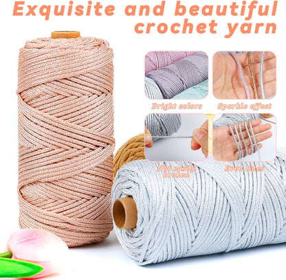 Sparkle Yarn for Crocheting, 3mm x 109 Yards Metallic Sparkly Yarn for Crafts, Polyester Rope 2mm Braided Macrame Cord for Crochet Bags, Dolls, Blankets, DIY Decor (Pink Silver)