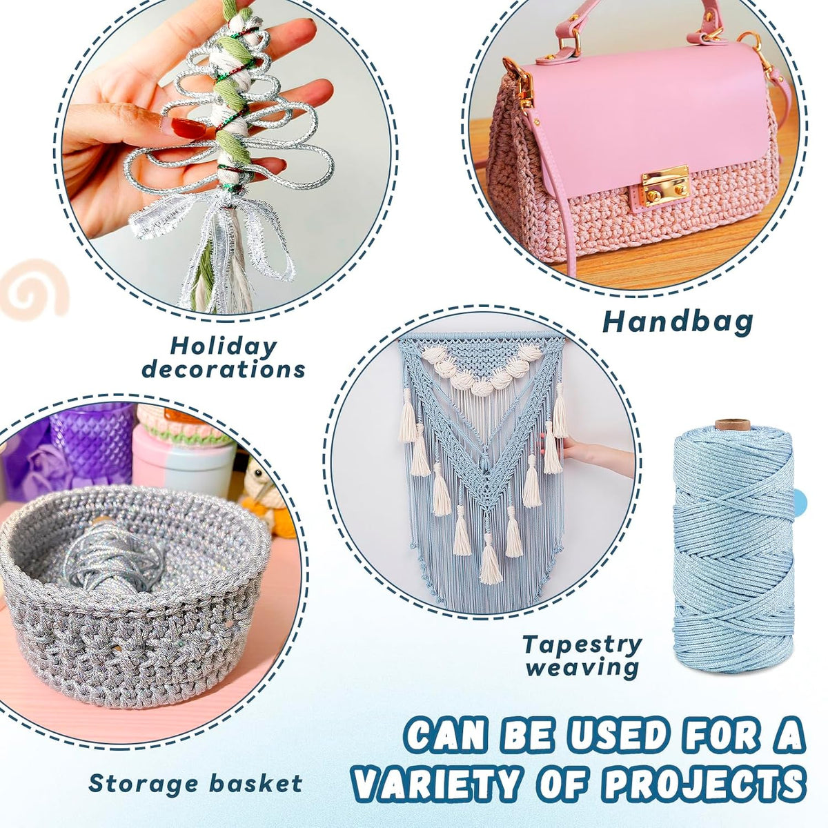 Sparkle Yarn for Crocheting, 3mm x 109 Yards Metallic Sparkly Yarn for Crafts, Polyester Rope 2mm Braided Macrame Cord for Crochet Bags, Dolls, Blankets, DIY Decor (Pink Silver)