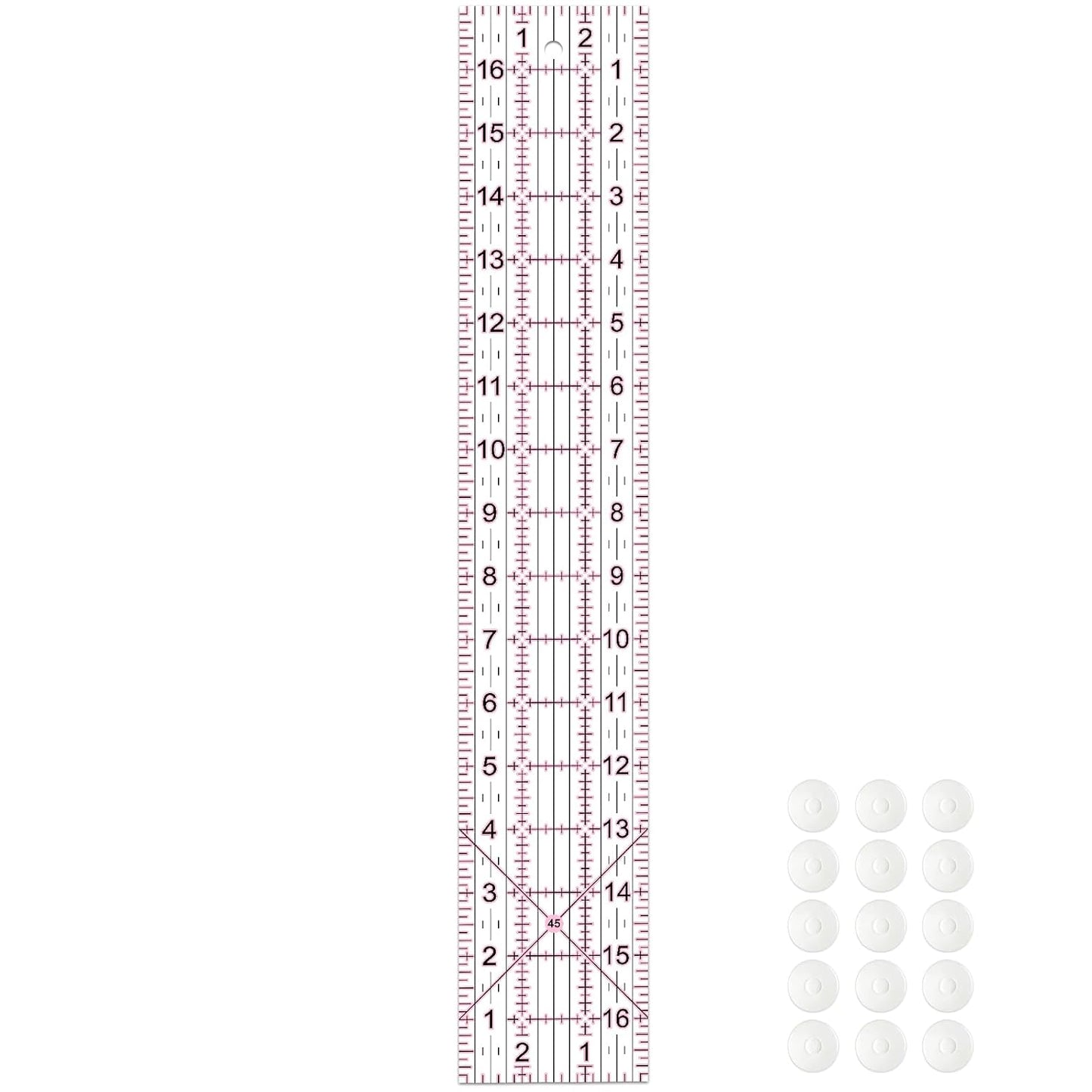 Acrylic Quilters Ruler,Sewing Ruler,3-Inch by 17-Inch, Non Slip Rings 15 Pieces for Quilting and Sewing (Pink)