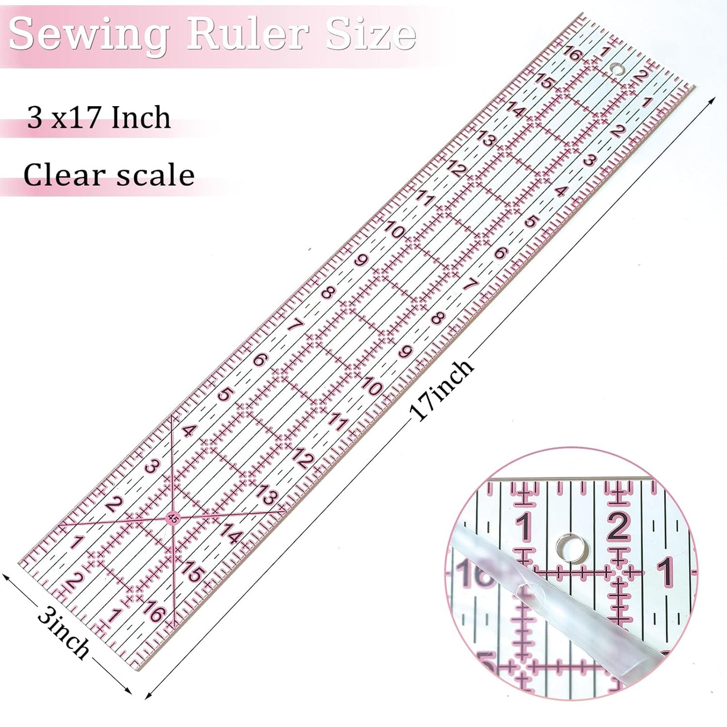 Acrylic Quilters Ruler,Sewing Ruler,3-Inch by 17-Inch, Non Slip Rings 15 Pieces for Quilting and Sewing (Pink)