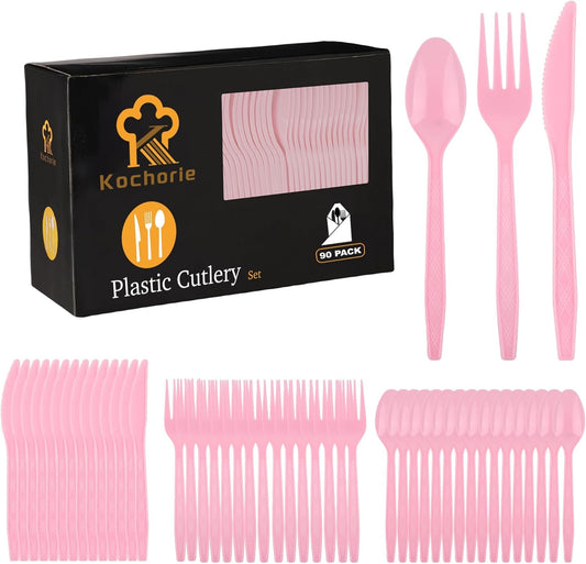 90 Pieces Pink Plastic Cutlery Set