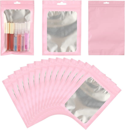 200 PCS-5x8 Reclosable Mylar Bags Pink for Food Storage, Resealable Mylar Bag with Clear Window for Small Businesses, Smell Proof Aluminum Foil Resealable Edible Packaging Bag for Candies