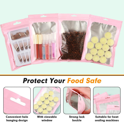 200 PCS-5x8 Reclosable Mylar Bags Pink for Food Storage, Resealable Mylar Bag with Clear Window for Small Businesses, Smell Proof Aluminum Foil Resealable Edible Packaging Bag for Candies