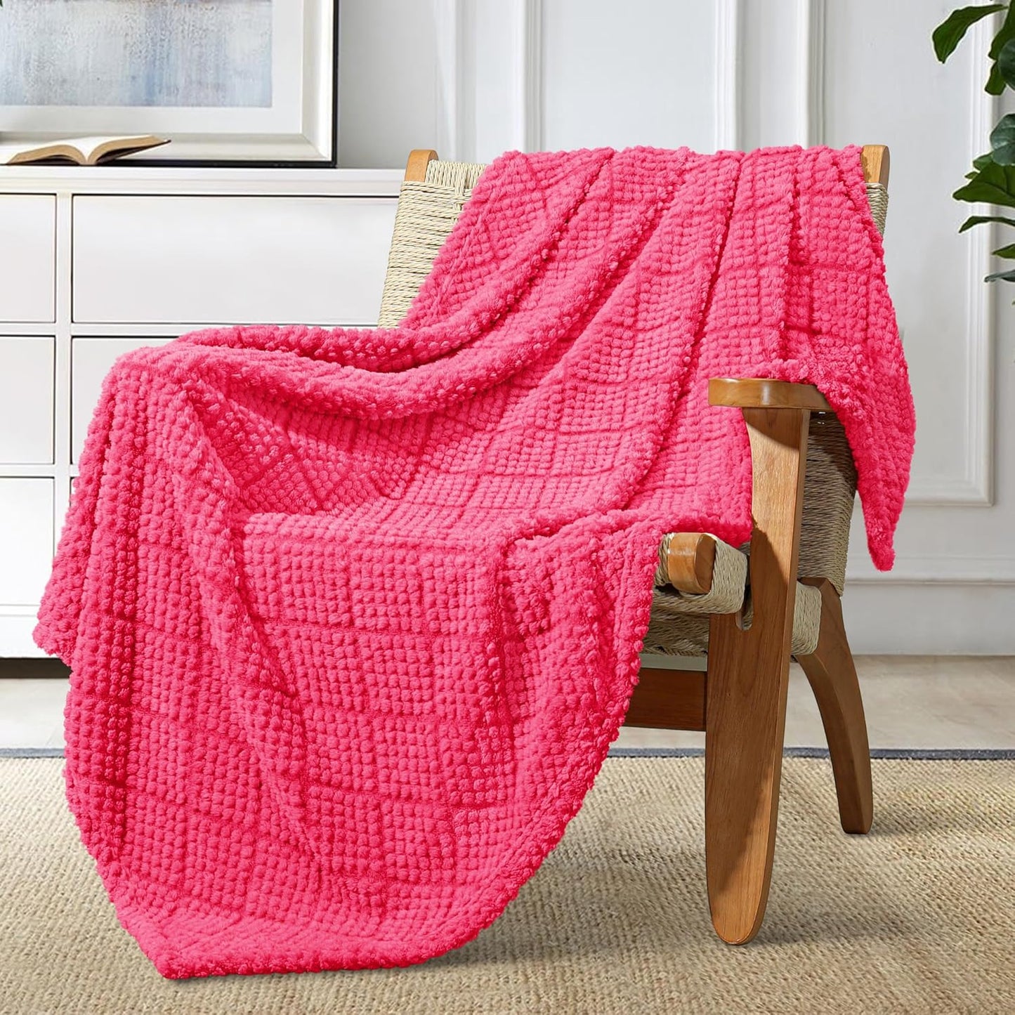 Whale Flotilla Fuzzy Fleece Throw Blanket for Couch, Bed, Soft Fluffy Jacquard Waffle Blankets for All Season, Lightweight and Cozy, 50x60 Inch, Hot Pink