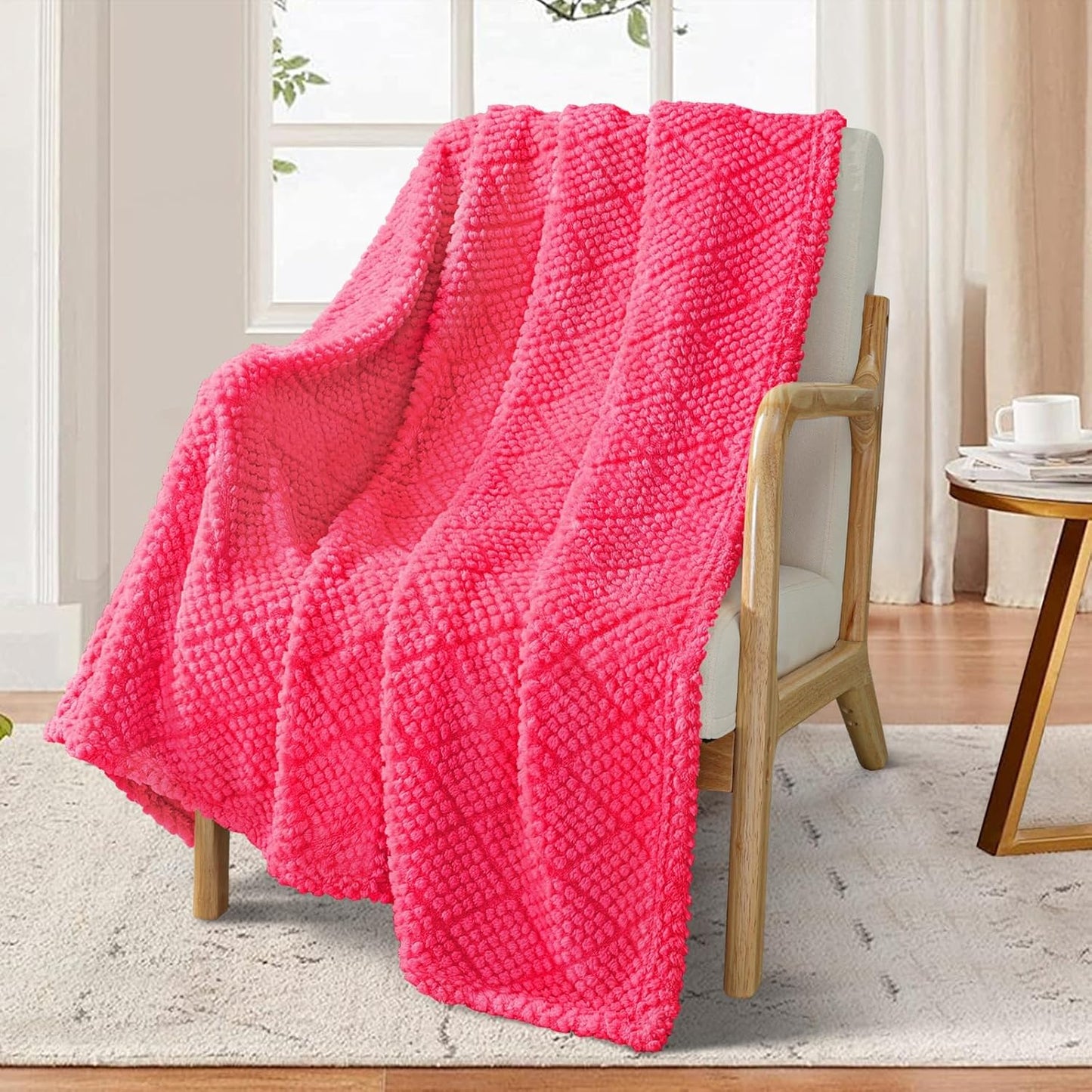 Whale Flotilla Fuzzy Fleece Throw Blanket for Couch, Bed, Soft Fluffy Jacquard Waffle Blankets for All Season, Lightweight and Cozy, 50x60 Inch, Hot Pink