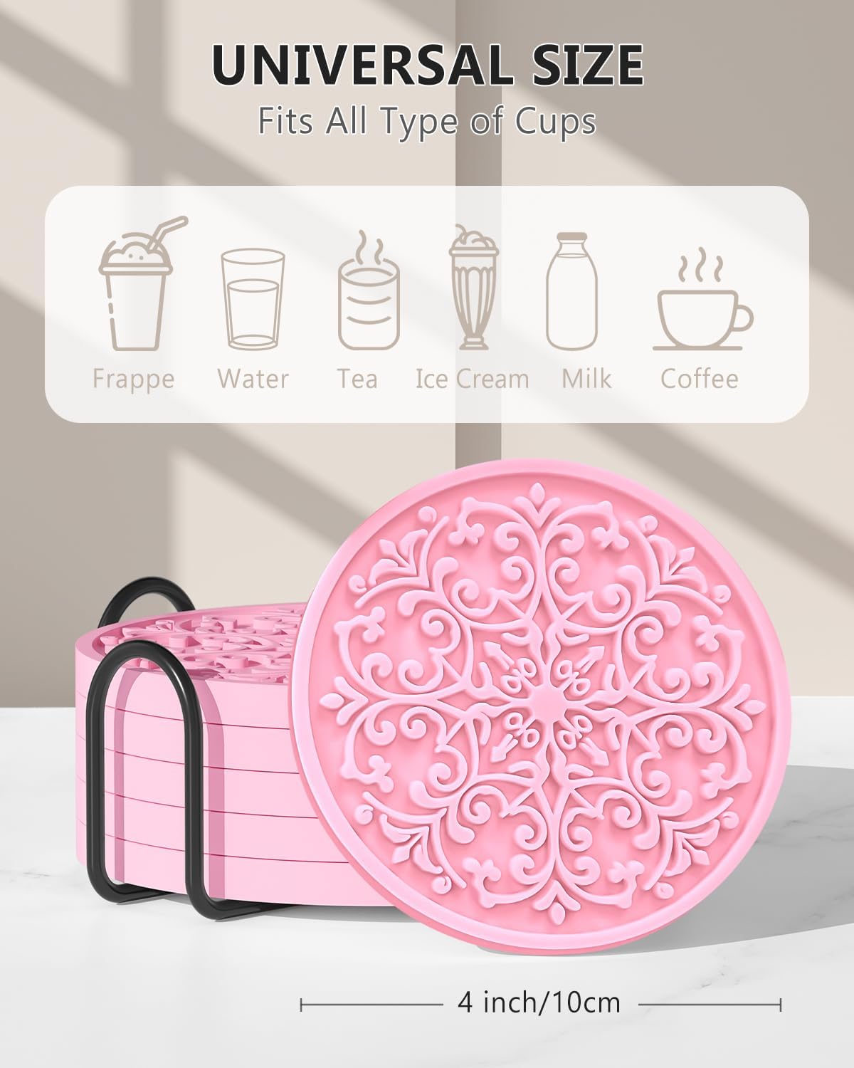 Drink Coasters, Coasters Set of 6 with Holder, Non-Slip Silicone Cup Mat