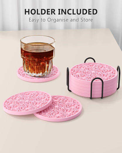 Drink Coasters, Coasters Set of 6 with Holder, Non-Slip Silicone Cup Mat